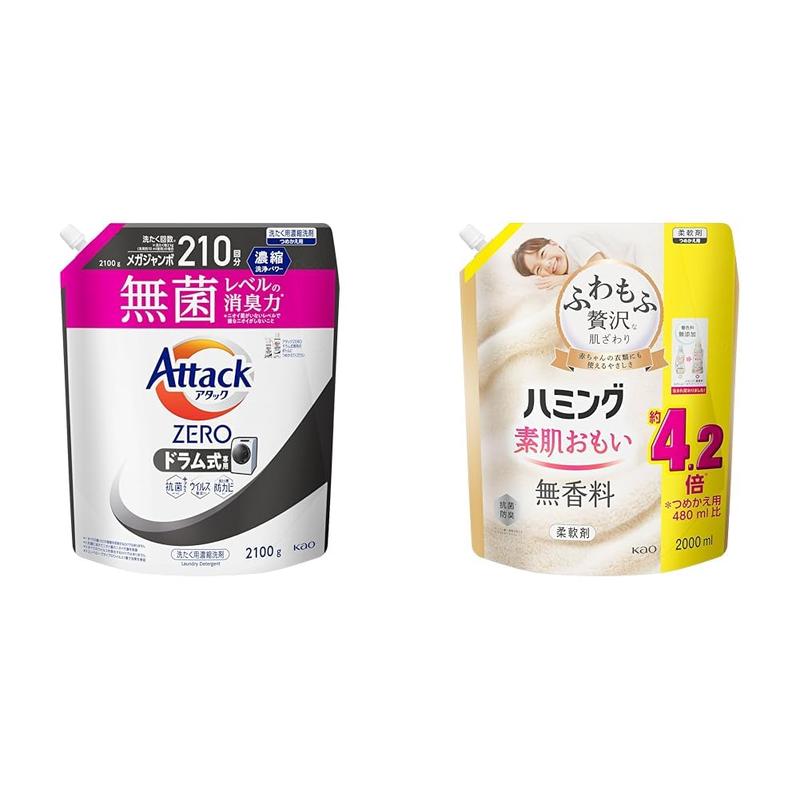アタック [洗剤&柔軟剤セット] ZERO ドラム式専用 液体洗剤 詰め替え 2100g + ハミング素肌おもい 柔軟剤 無香料 詰め替え 2000ml
