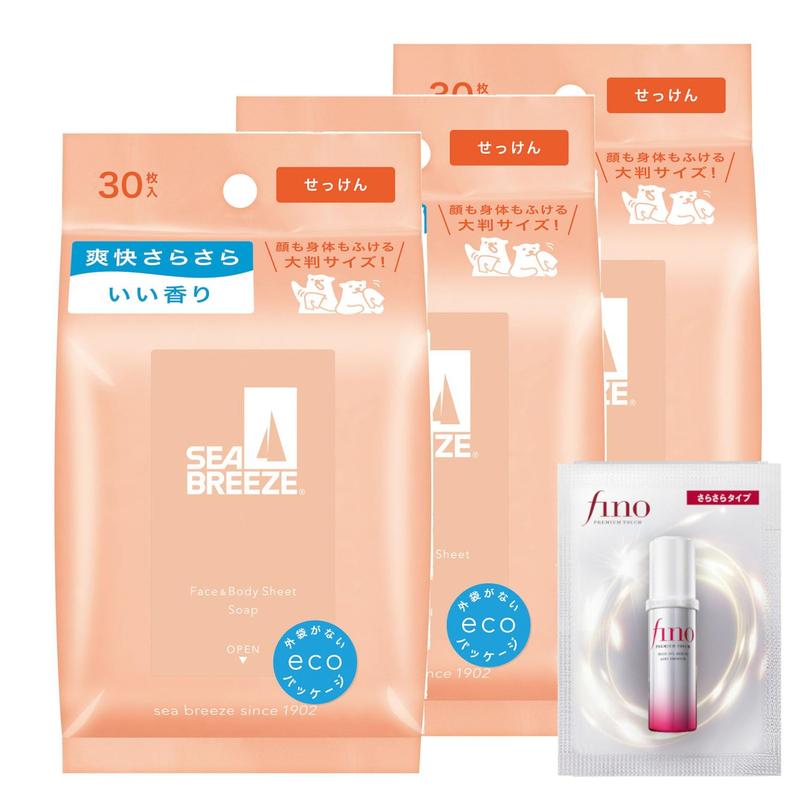 【Amazon.co.jp限定】Seabreeze 【まとめ買い】シーブリーズ SEA BREEZE フェイス&ボディシートN せっけん 30枚×3個+おまけ 大判 全身 顔 汗 汚れ 快適 皮脂 テカリ メントール すっきり 爽快 清潔 暑さ対策