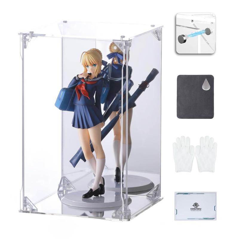COOLTAKU フィギュアケース アクリル UVカット 台座ミラー 背面ミラー マグネット式 磁石付き 前扉 コレクションケース より堅固 組み立て式 アクリルケース ディスプレイケース 防汚れ 手袋 クリーニング クロス付き (幅15×奥行15×高さ25cm, 台座ミラー＋背面ミラー)