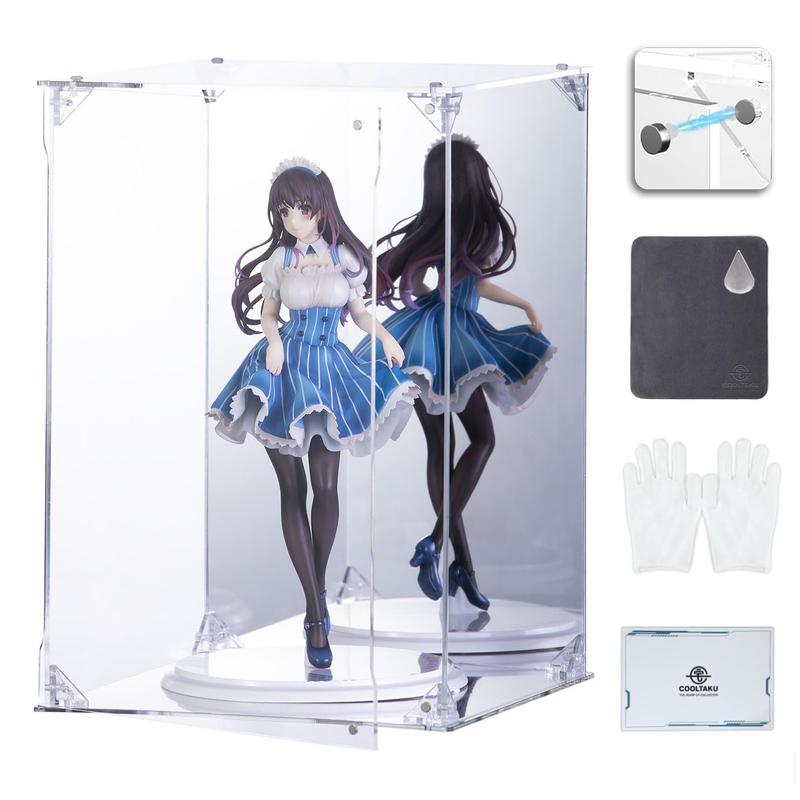COOLTAKU フィギュアケース アクリル UVカット 台座ミラー 背面ミラー マグネット式 磁石付き 前扉 コレクションケース より堅固 組み立て式 アクリルケース ディスプレイケース 防汚れ 手袋 クリーニング クロス付き (幅20×奥行20×高さ30cm, 台座ミラー+背面ミラー)