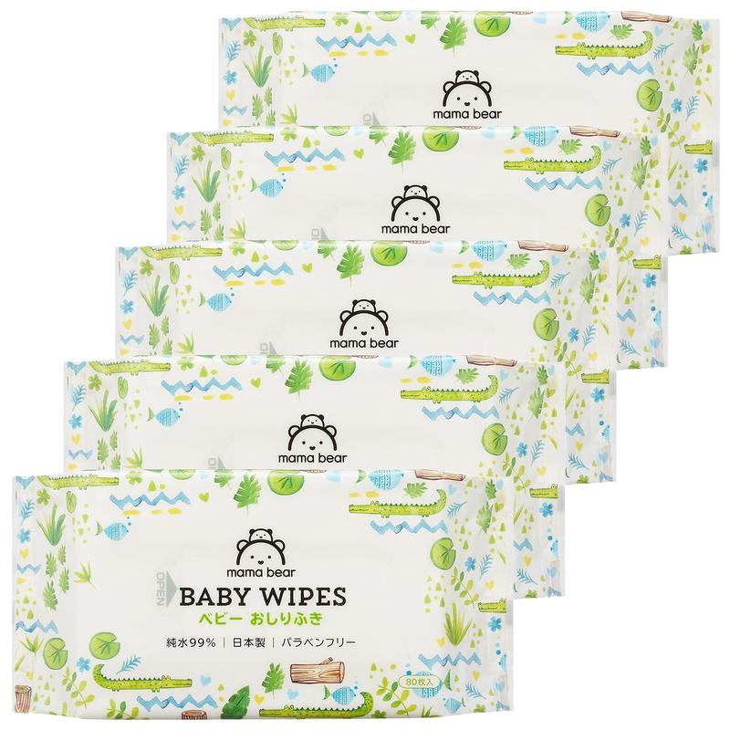 Mama Bear (ママベアー) [Amazonブランド] ベビー おしりふき 純水 99% 日本製 パラベンフリー 無香料 80枚 × 5個 (400枚)