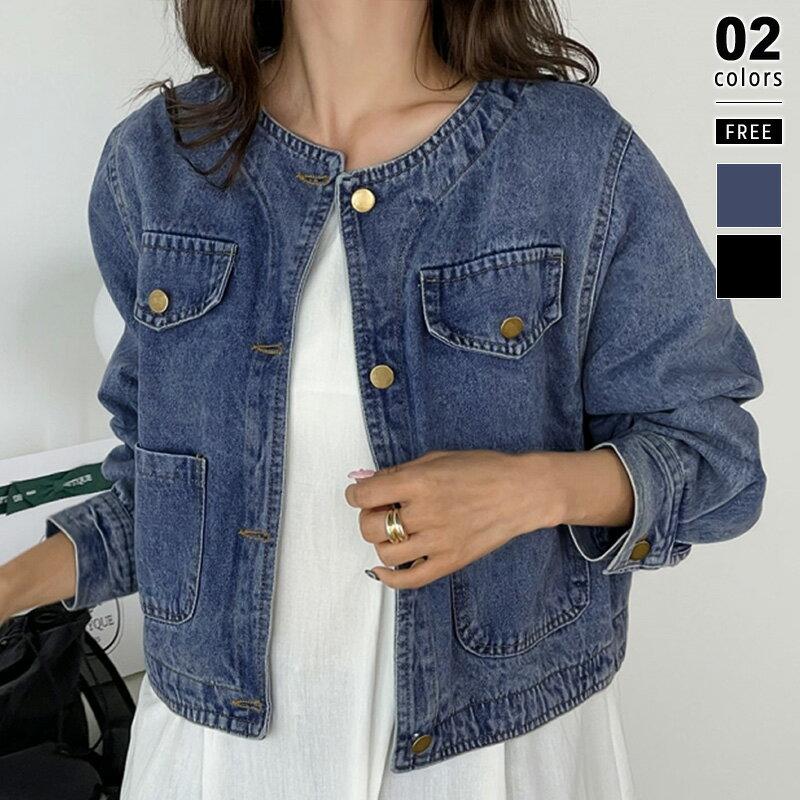 【9/20！クーポンで3,490円】 デニムジャケット レディース ノーカラー ジャケット Gジャン デニム ノーカラーデニムジャケット ノーカラージャケット ノーカラーデニムブルゾン ラウンドネック アウター ショート ジャンパー 大人 きれいめ おしゃれ 春 秋 cocomomo