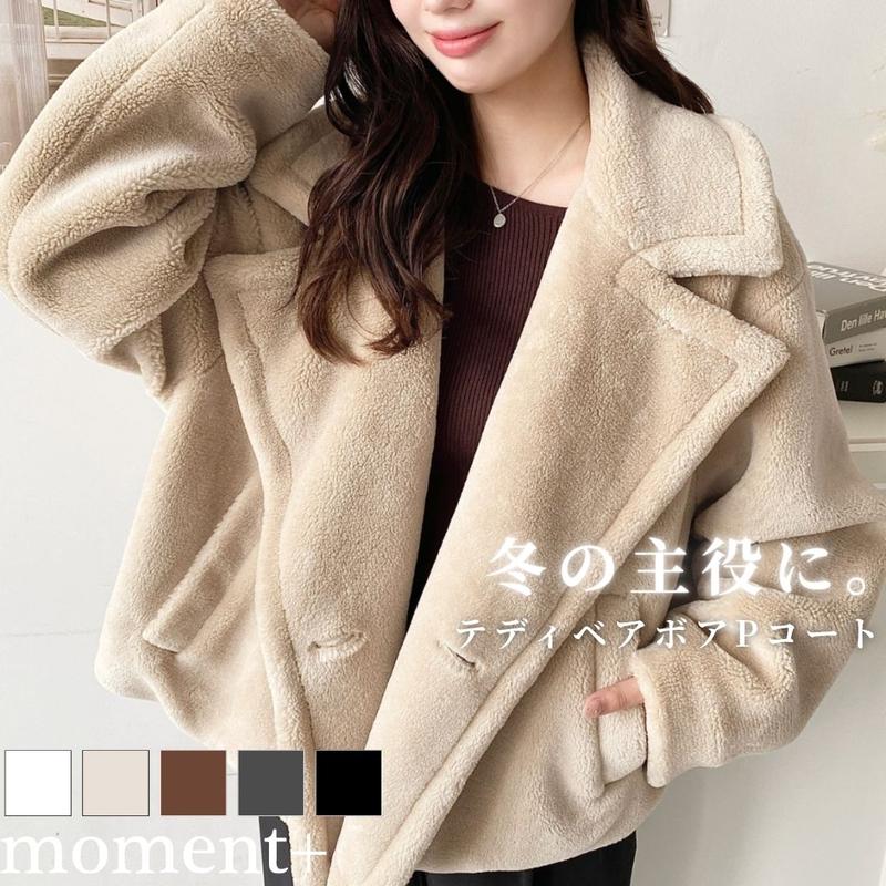 【予約：10月中旬～11月上旬入荷/22%OFF 5,800→4,500円】アウター Pコート オーバーサイズ ショート丈 ジャケット ボア テディベア ボタン 襟 ゆったり かわいい おしゃれ 防寒 レディース 大人カジュアル 定番 2025AW 秋 冬 mt01069 [moment+/モーメントプラス]