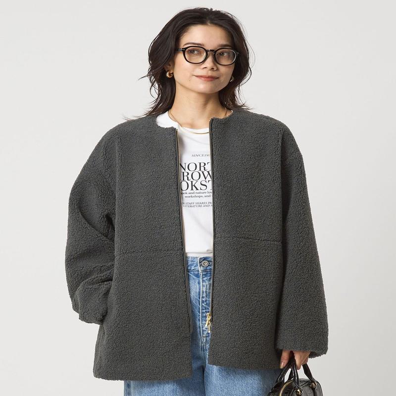 【SALE／10%OFF】UNITED ARROWS green label relaxing [size SHORTあり]ボア ノーカラー ブルゾン ユナイテッドアローズ グリーンレーベルリラクシング ジャケット・アウター ブルゾン・ジャンパー グレー ホワイト【送料無料】