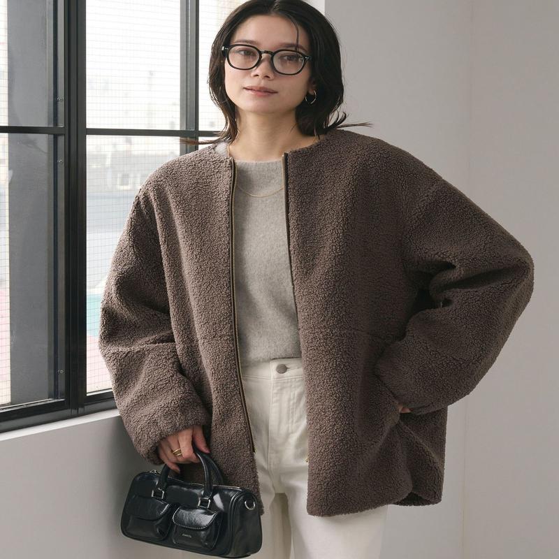 UNITED ARROWS green label relaxing [size SHORTあり]ボア ノーカラー ブルゾン ユナイテッドアローズ グリーンレーベルリラクシング ジャケット・アウター ブルゾン・ジャンパー グレー ホワイト【送料無料】